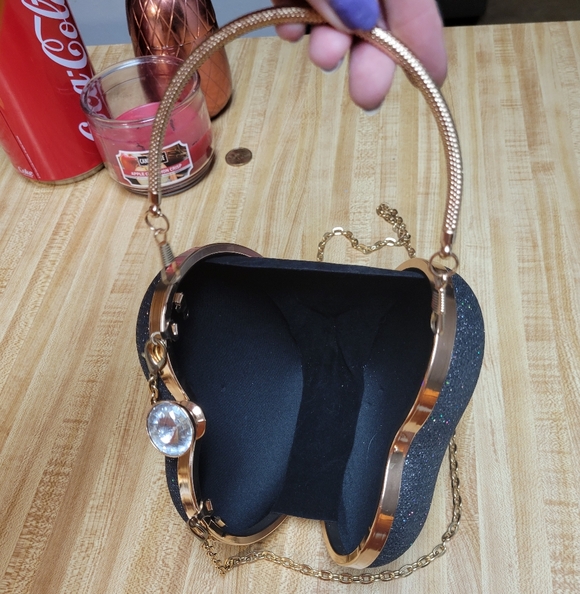 Sparkle Heart Crossbody Clutch in Black with Gold Chain - Picture 3 of 5